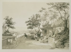 Et kapel i det store tempel i Macao, planche 10 fra "Sketches of China", graveret af Eugene Ciceri (1813-90) 1842 (tonet litografi)